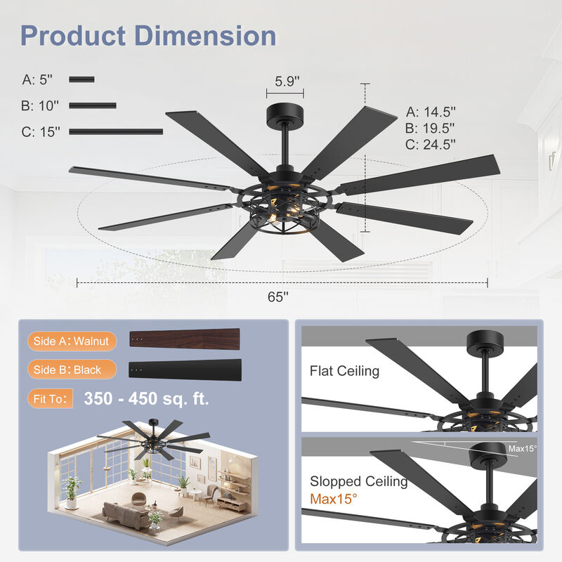 Breezary 65 in Traditional Ceiling Fan with Light,8 Blade Plywood Fan, E26 x2 Bulbs,Remote Control image number 5