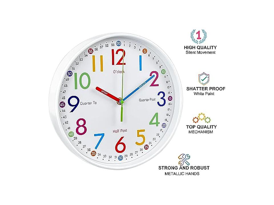 Learning Teaching Time Colorful Nursery Wall Clock 8 Inch Silent Non Ticking