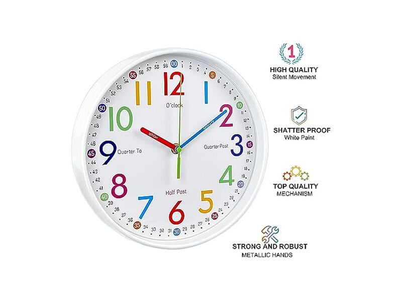 Learning Teaching Time Colorful Nursery Wall Clock 8 Inch Silent Non Ticking image number 1