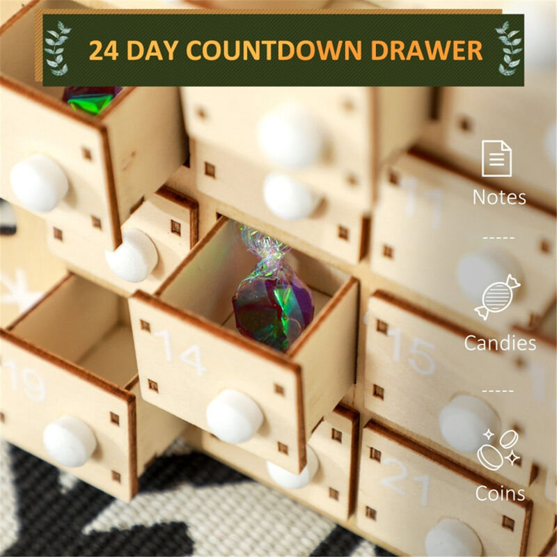 Wooden Christmas Advent Calendar with Drawers, Countdown to Christmas Decoration