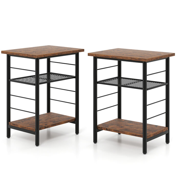 Set of 2 Industrial End Tables with 3 Tiers and Open Storage Shelving