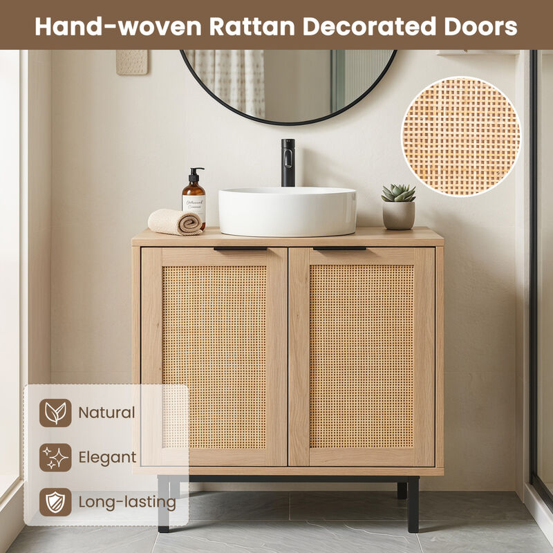 Modern Bathroom Vanity Cabinet with Rattan Doors and Cut-Out image number 7