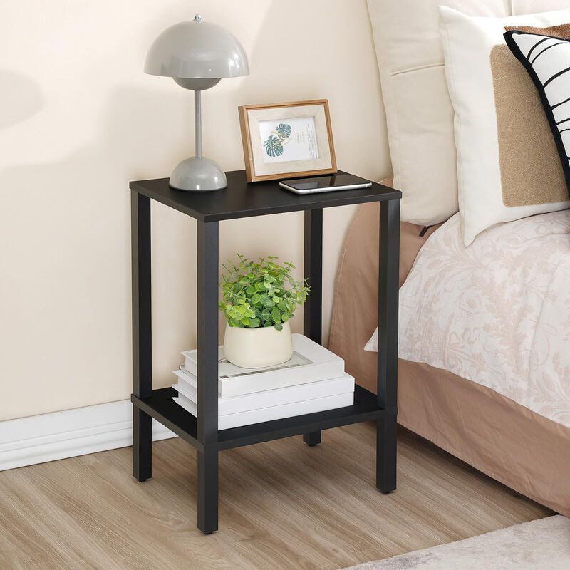 HOOBRO End Tables Set of 2, Side Table with 2-Tier Storage Shelves, Tall Nightstand with Faux Rattan Decoration, Sofa Table for