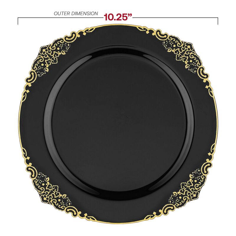 10.25" Black with Gold Fancy Round Plastic Dinner Plates (120 Plates) image number 2