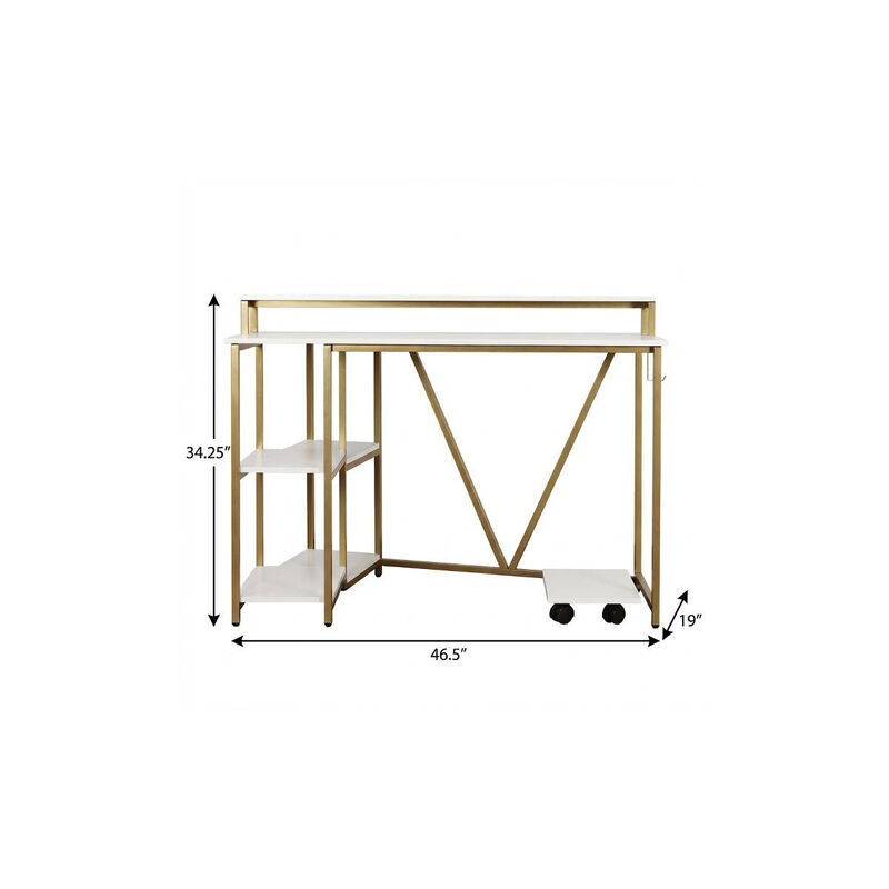 HomeRoots 47" White and Gold Wood and Steel Pedestal Computer Desk image number 6