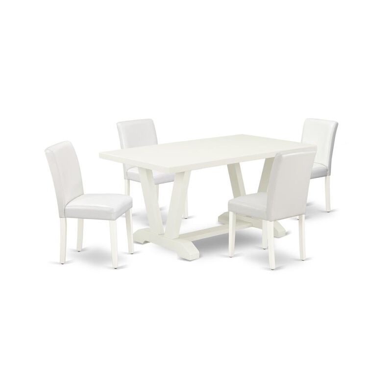 East West Furniture V026AB264-5 5-Piece Awesome Dining Set a Superb Linen White dining table Top and 4 - Pu Leather Stunning Dining Chairs with Stylish Chair Back, Linen White Finish