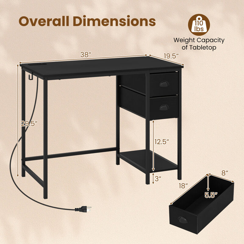 Small Space Computer Desk with Charging Station and 2 Fabric Drawers image number 2