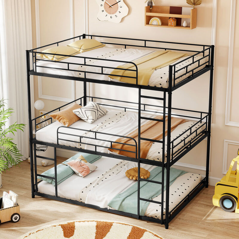Black Metal Triple Bunk Bed with Guardrails and Dual Ladders for Kids image number 1