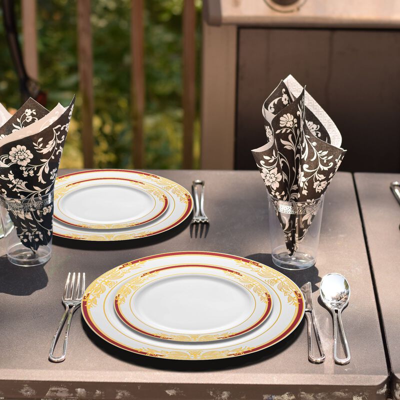 White with Burgundy and Gold Harmony Rim Plastic Dinnerware Value Set (40 Sets) image number 1
