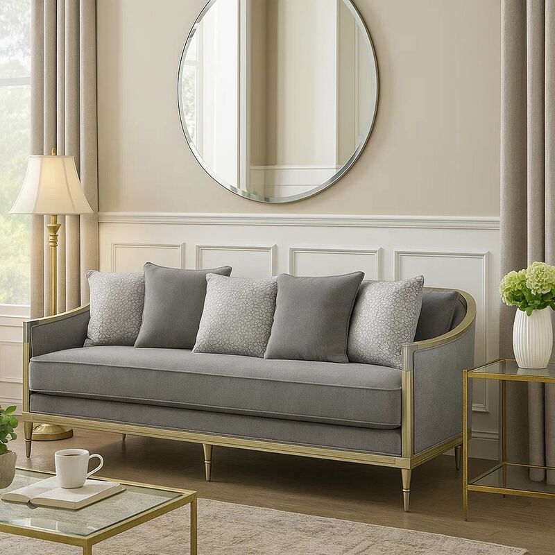 Fero Sofa with 5 Pillows, Gray Chenille, Champagne Wood Trim, 87 Inch image number 6