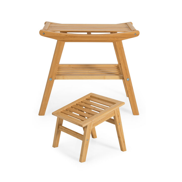 Bamboo Shower Seat Bench with Underneath Storage Shelf-Natural