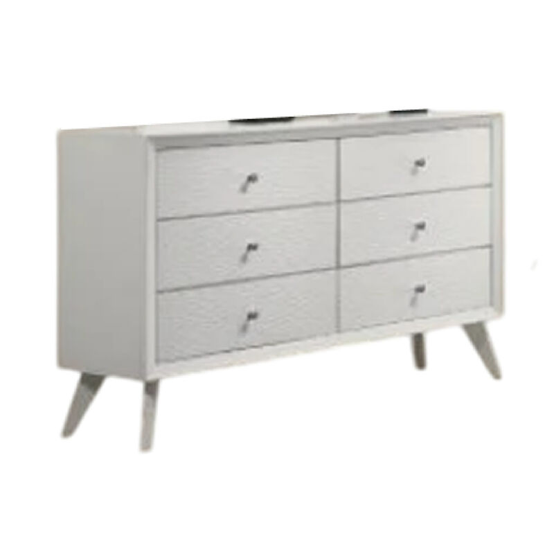 Tory Wide Dresser, 6 Drawers w Bronze Knobs, Textured White Wood