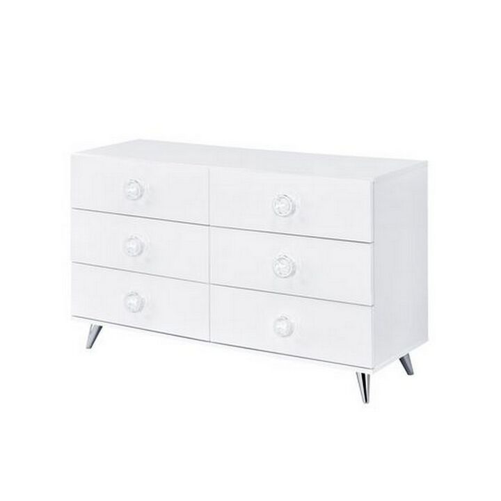 Dresser with 6 Drawers and Angled Metal Feet, White-Benzara