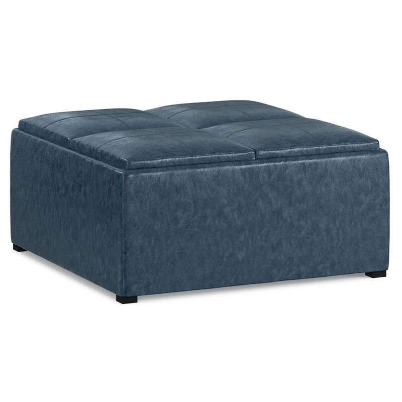 Avalon 35 inch Wide Contemporary Square Coffee Table Storage Ottoman in Denim Blue Vegan Faux Leather, Assembled