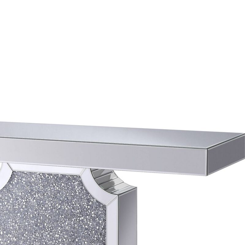 Wood and Mirror Console Table with Faux Crystal Accented Sculptural Pedestal Base, Clear-Benzara