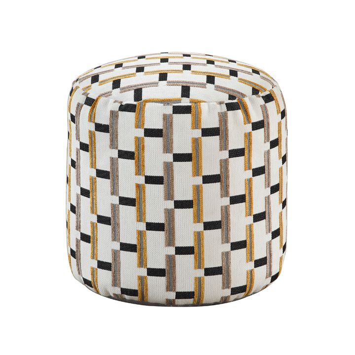 Modern Pouf Ottoman, Beige Gray Geometric Block Jacquard, 16 Inch