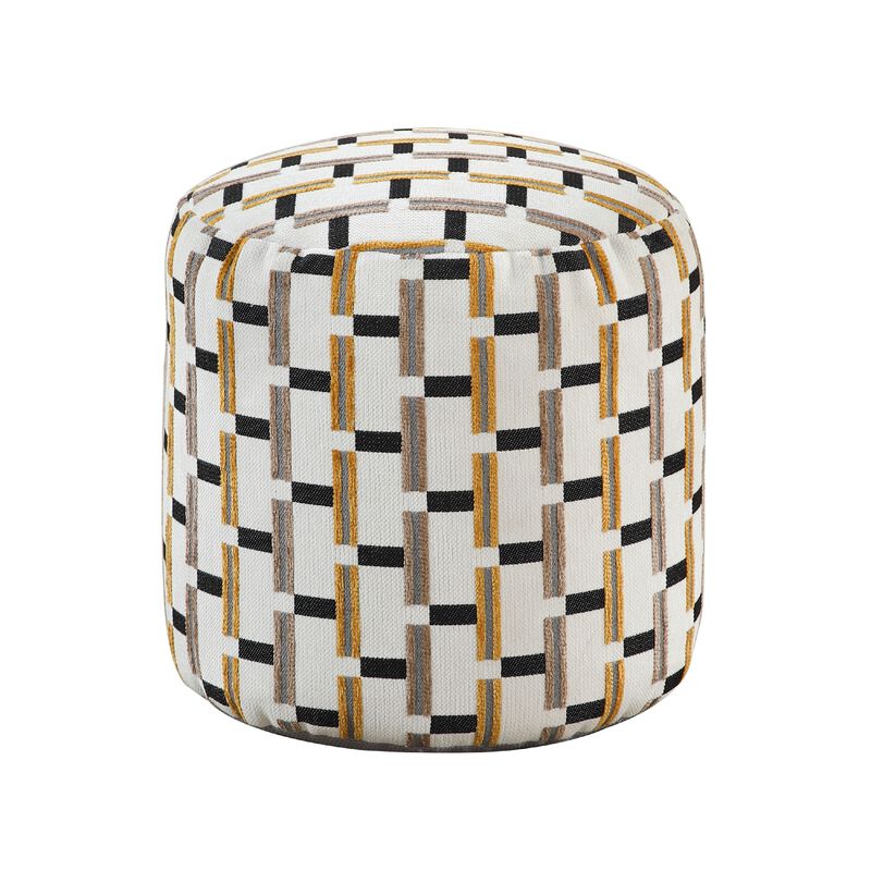 Modern Pouf Ottoman, Beige Gray Geometric Block Jacquard, 16 Inch