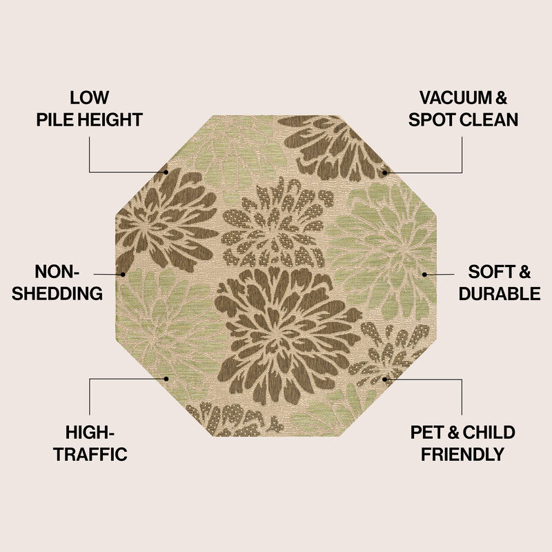 Zinnia Modern Floral Textured Weave Octagon Indoor/Outdoor Area Rug