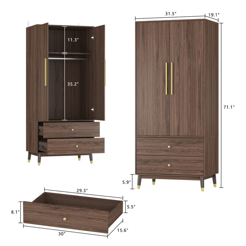 2-Drawers Kids Armoires Wardrobe With Hanging Rods, Drawers, Shelves (19.1 in. D x 31.5 in. W x 71.1 in. H)