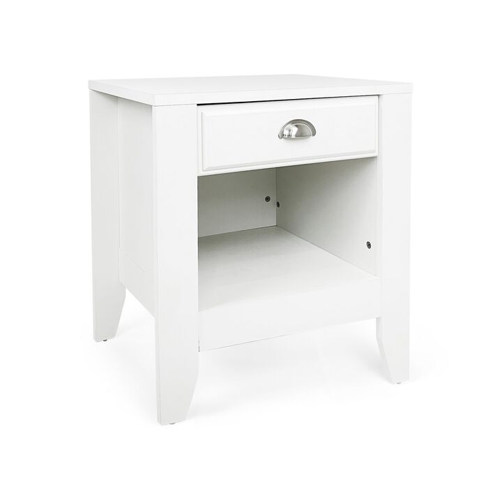 Crown Bedside Table Nightstand, 21 Inch w Drawer n Shelf, White MDF