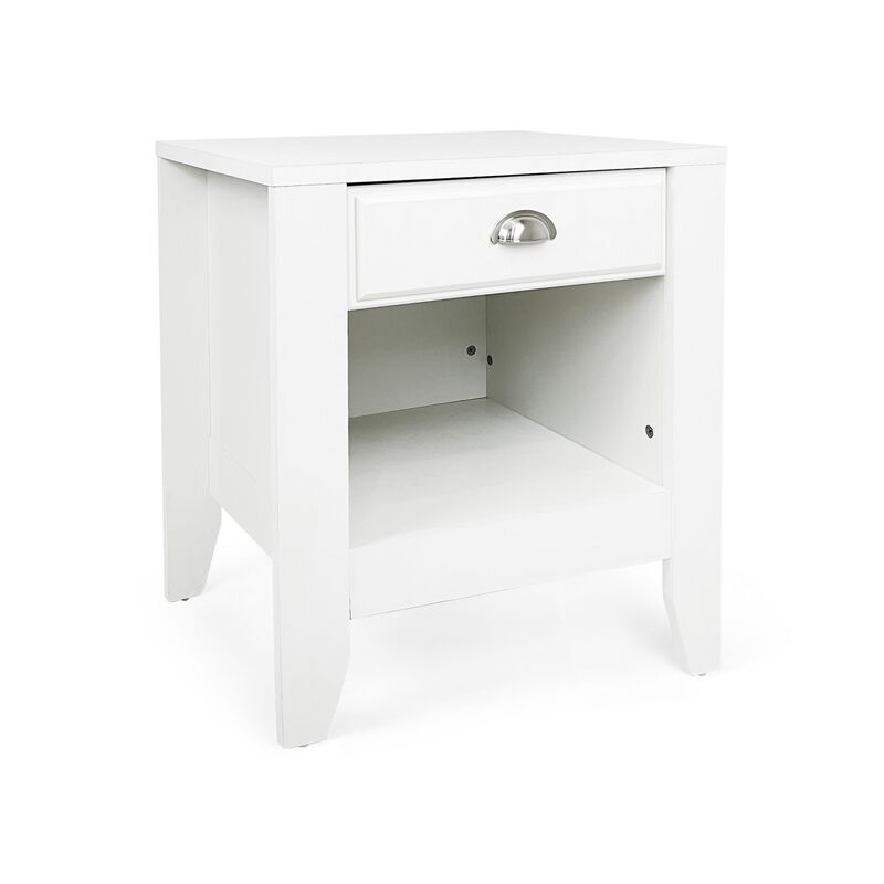 Crown Bedside Table Nightstand, 21 Inch w Drawer n Shelf, White MDF