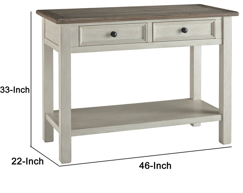 Sofa Table With Plank Style Top and 2 Gliding Drawers, Brown and White