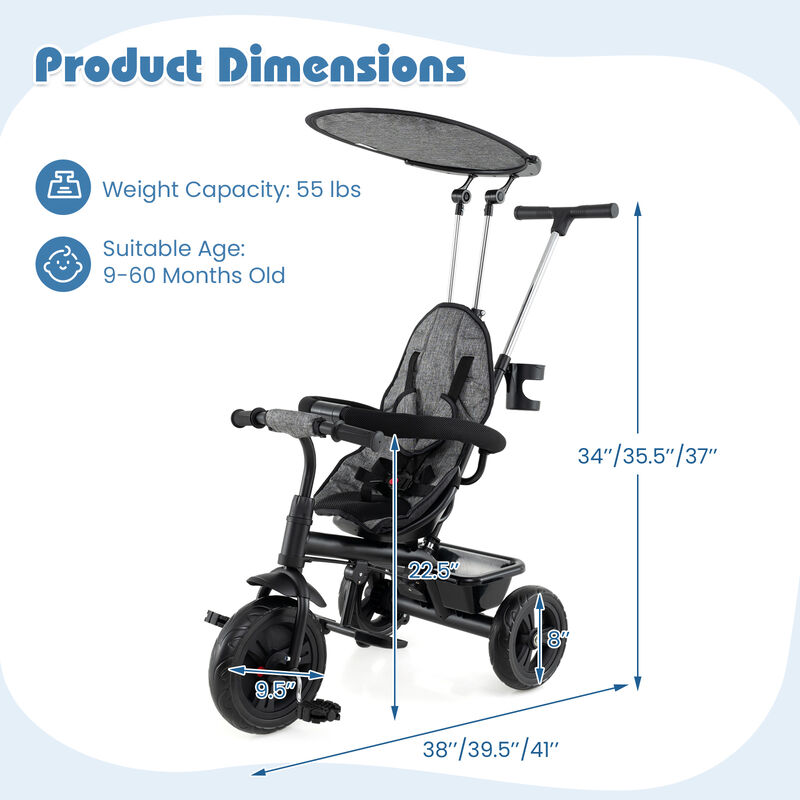7-in-1 Baby Stroller Tricycle with Adjustable Canopy and Foldable Footrests image number 2