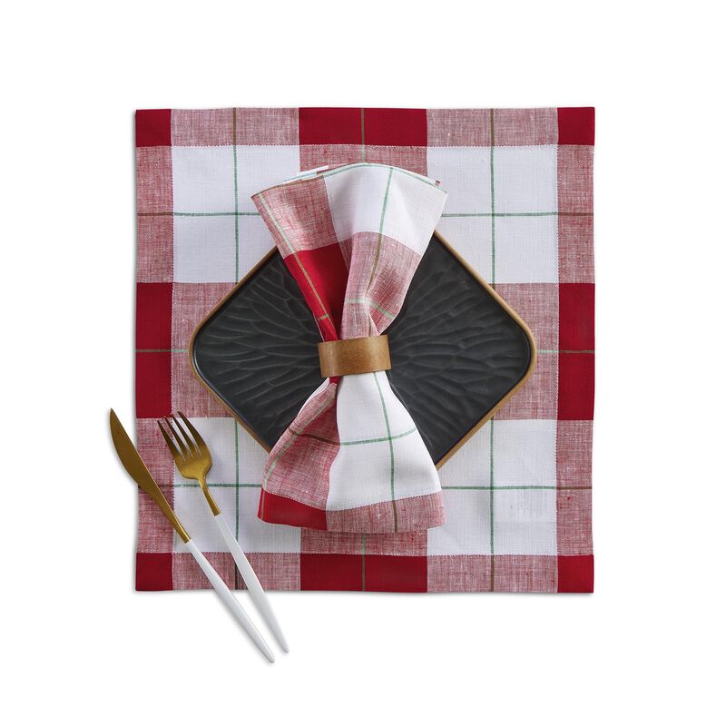 Solino Home 100% Pure Linen Square Placemats 14 x 14 Inch Set of 4 - Very Merry Plaid