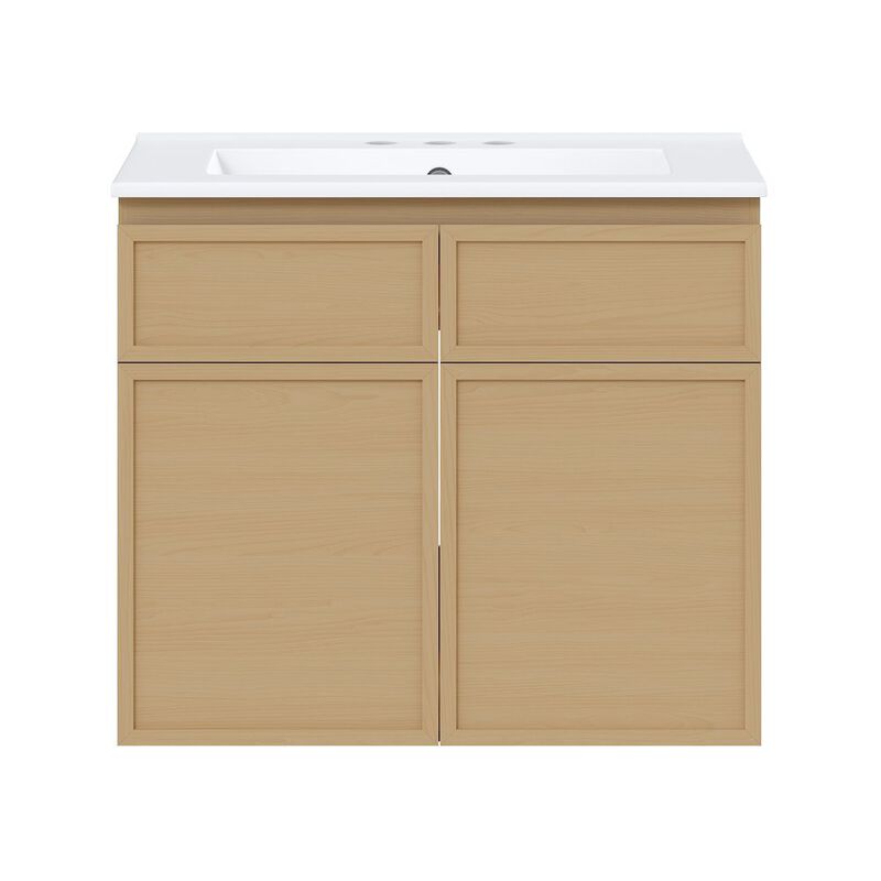 24" Wall-Mounted Bathroom Vanity in Natural Oak with 3-Hole Centerset Sink Top image number 0