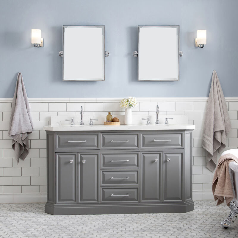 Palace 60 In. Double Sink Carrara Quartz Countertop Bath Vanity in Cashmere Grey with Chrome Hardware and Hook Faucets image number 1