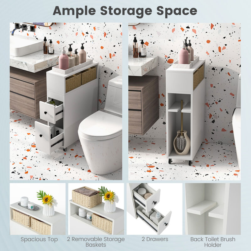 Costway Movable Bathroom Storage Cabinet Narrow Toilet Side Paper Holder w/ 2 Drawers