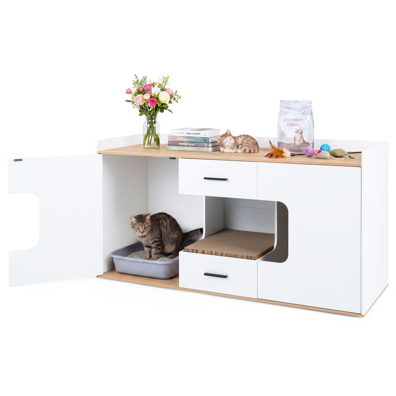 Multi Functional Wooden Cat House Cabinet with Wide Top 2 Drawers and 2 Door Storage for Cats image number 5