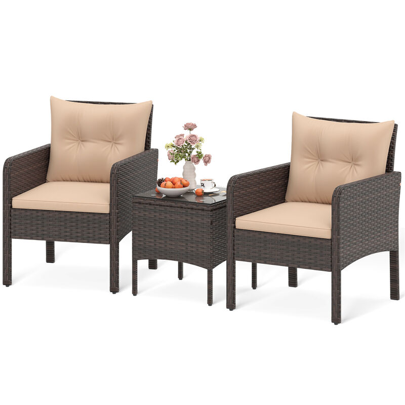 3-Piece Patio Wicker Furniture Set with Cushions for Balcony and Porch image number 3