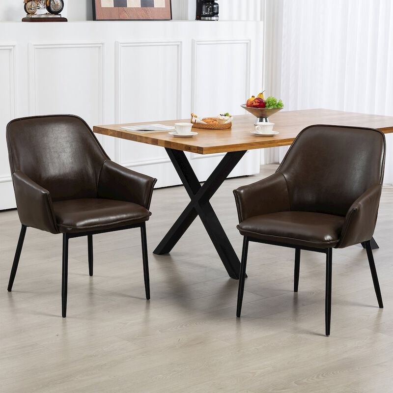 Glamour Home Set of 2 Dark Brown Faux Leather Upholstered Dining Chair Black Iron Legs