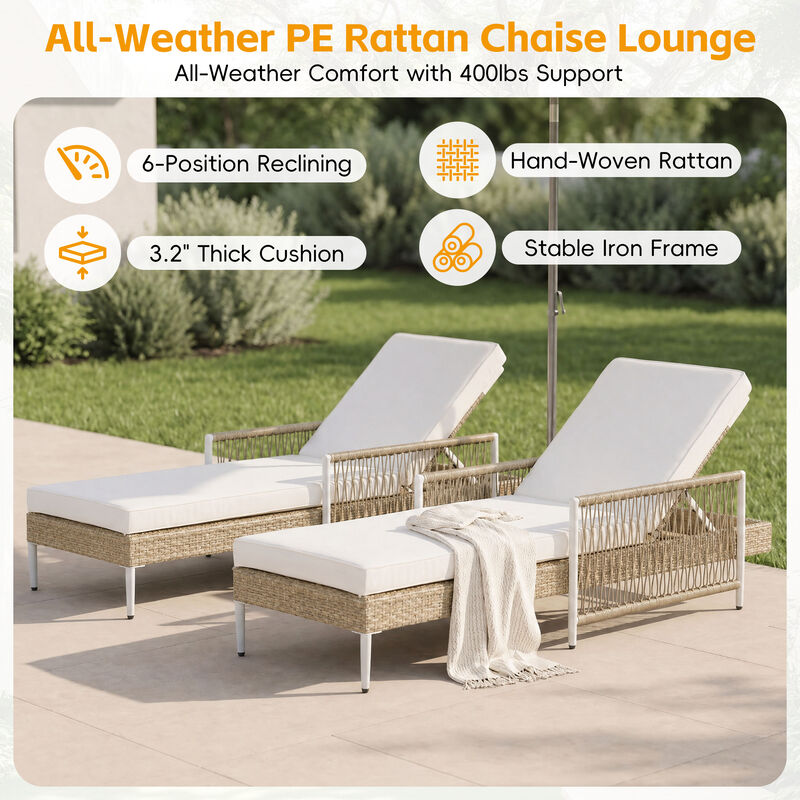 Merax Outdoor Wicker Chaise Lounge Set with 6 Recline Positions, Thick Cushions image number 3