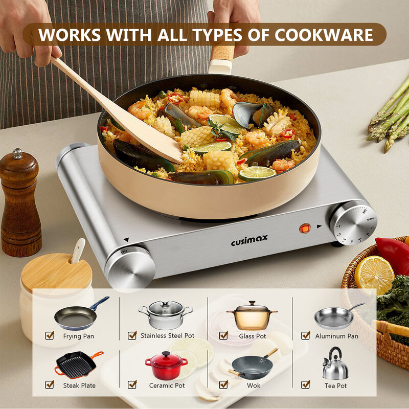 Cusimax Electric Hot Plate For Cooking,1500W Stainless Steel Single Burner With Temperature Control, for All Cookware image number 3