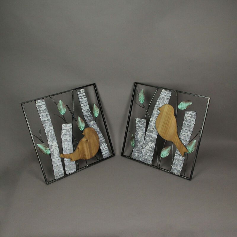 Set / 2 Rustic Green Wood & Metal Leaf Birds & Branches Wall Sculpture Art Decor image number 3