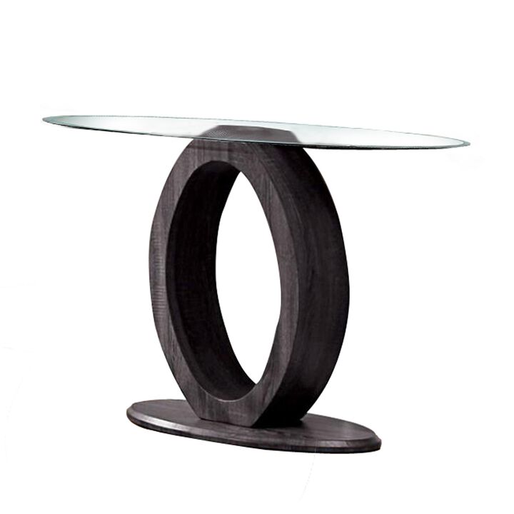 Tempered Glass Top Sofa Table with O Shape Wooden Shape Base, Gray-Benzara