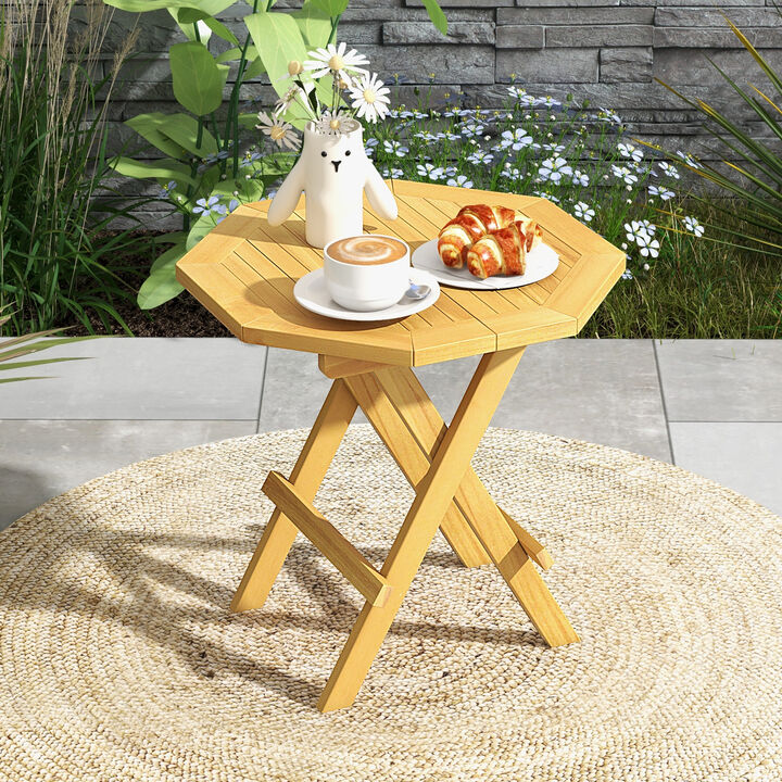 Teak Wood Octagon Patio Coffee Table with X-shaped Legs and Slatted Tabletop
