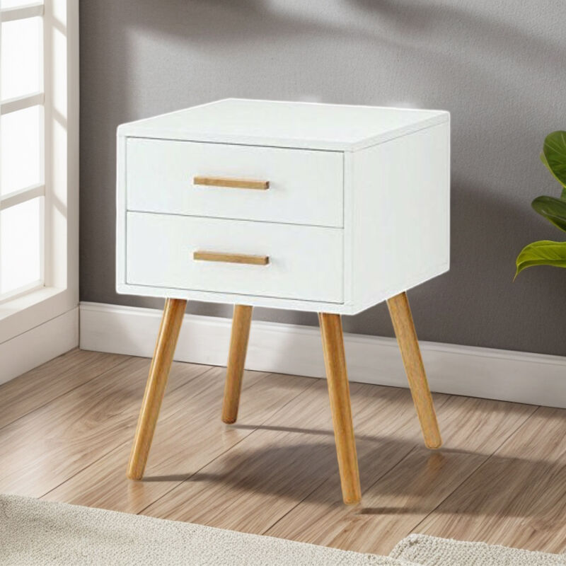 Hivvago Modern 2-Drawer End Table Nightstand in White with Mid-Century Style Wood Legs
