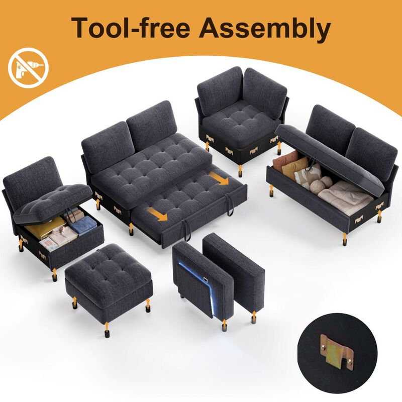 102" L-Shaped Chenille Modular Sectional Sleeper Sofa with Pullout Bed, Reclining Backrest, USB image number 4
