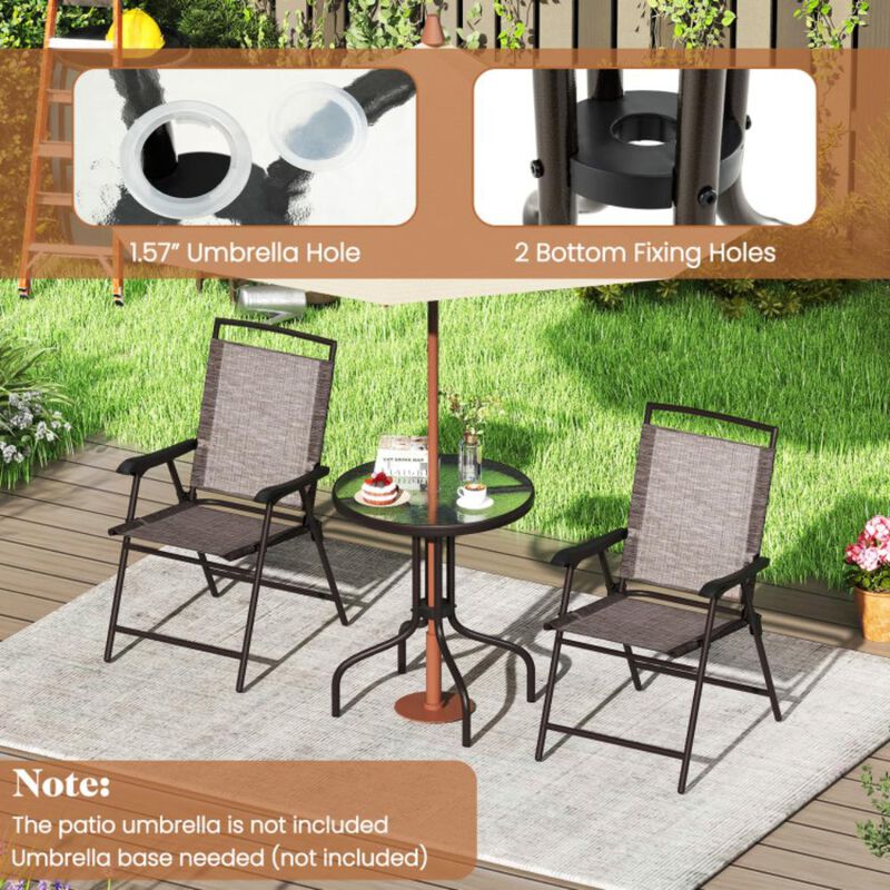 Hivvago 3 Pieces Patio Round Table and Folding Chairs Set with Rippled Tempered Glass Tabletop