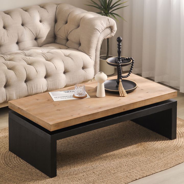 Rustic Farmhouse Rectangular Coffee Table with Floating Tabletop Design, Wooden Living Room Table