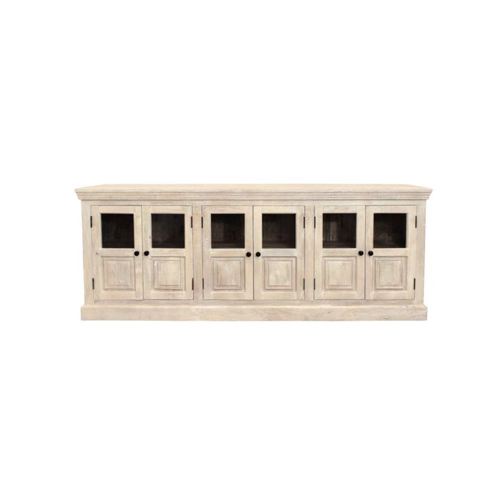 Alex Hamilton Tropez 6-Door Solid Wood Sideboard With Glass Panel in Distressed White Finish