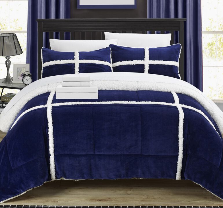 Chic Home Camille Mink Chloe Sherpa Soft Microfiber 7 Pieces Comforter Sheet Set Bed In A Bag - Queen 86x92, Navy