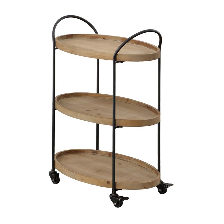 23 Inch Wood Bar Cart with 3 Tier Storage Trays and Metal Frame, Brown-Benzara