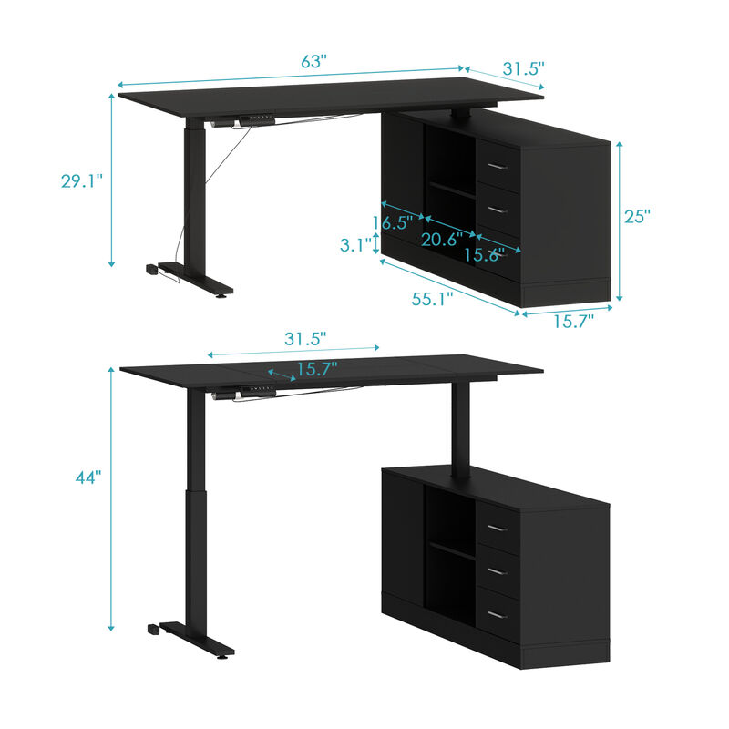 FUFU&GAGA 63-in White Modern/Contemporary L-shaped Desk Hutch Included  (63" W x 31.5" D x 29.1" H) ,Black