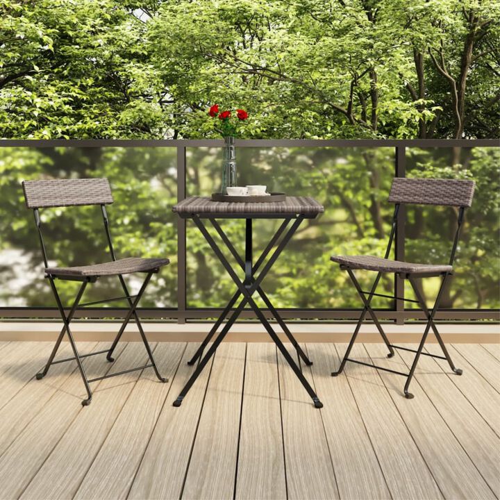 vidaXL Modern 3-Piece Folding Bistro Set in Gray - Weather-Resistant Poly Rattan Material with Powder-Coated Steel Frame - Perfect for Garden, Patio or Balcony