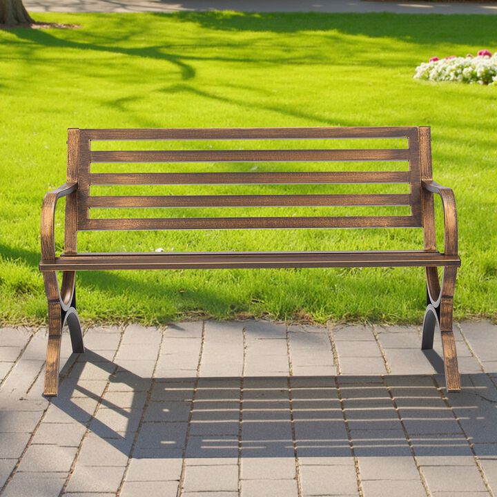Outdoor Metal Bench with Slatted Backrest, Weatherproof Patio Garden Bench Bronze