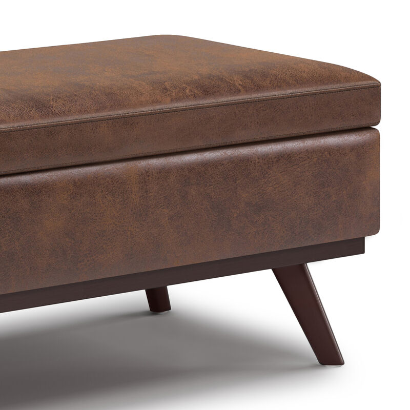 Owen Lift Top Large Coffee Table Storage Ottoman in Distressed Chestnut Brown Faux Leather